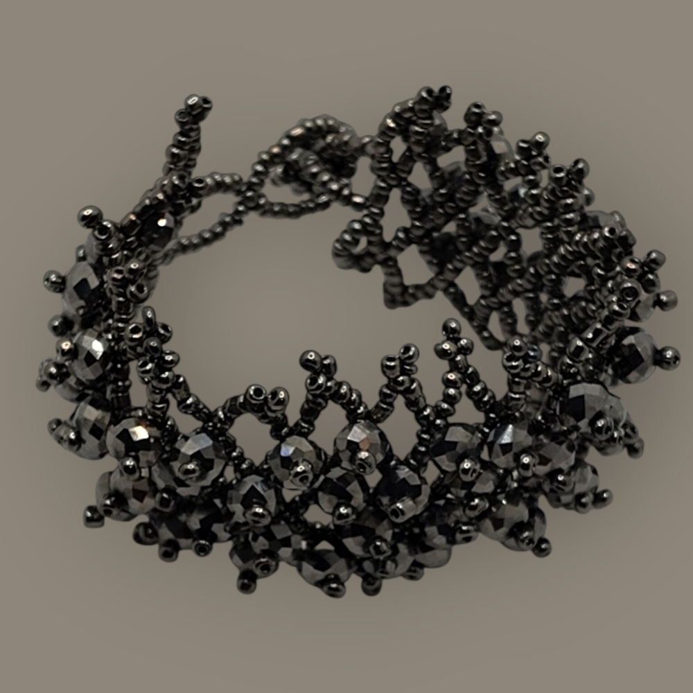 Handmade Hematite Gemstone/Glass Seed Bead Woven Stretch Bracelet Boho